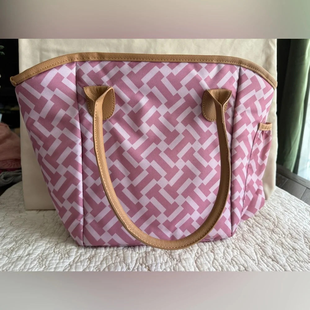 Pink Patterned Tote with Tan Trim
